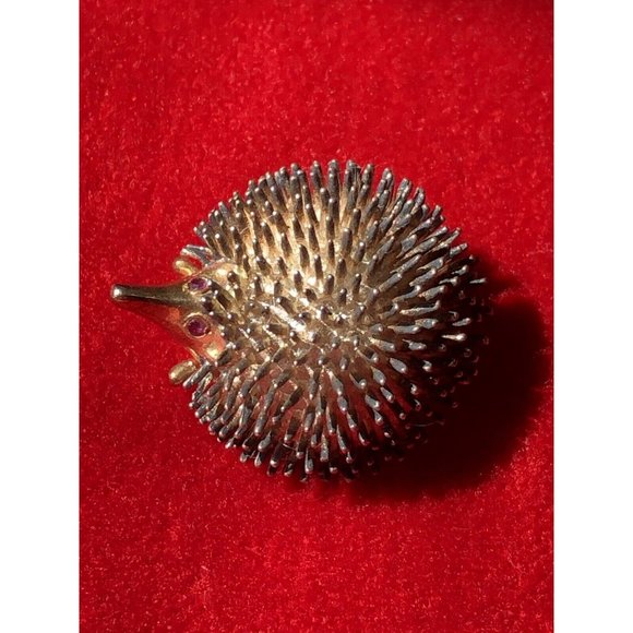 Vintage Hedgehog Brooch Pin Sterling Silver Faux Gold 1" x 1" Marked - Picture 6 of 11